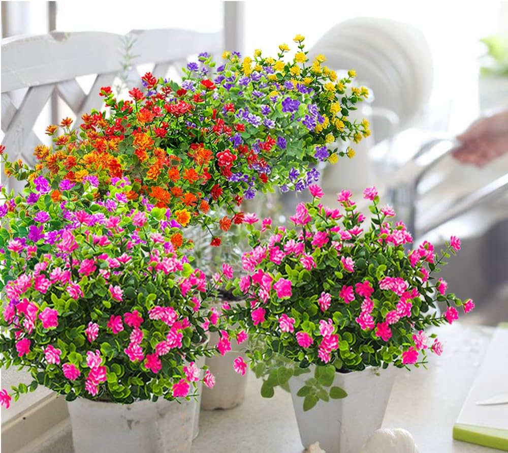 10 Bundles Artificial Fake Flowers, Faux Outdoor Plastic Plants UV Resistant Shrubs Outside Indoor Decorations (Pink-Eucalyptus)