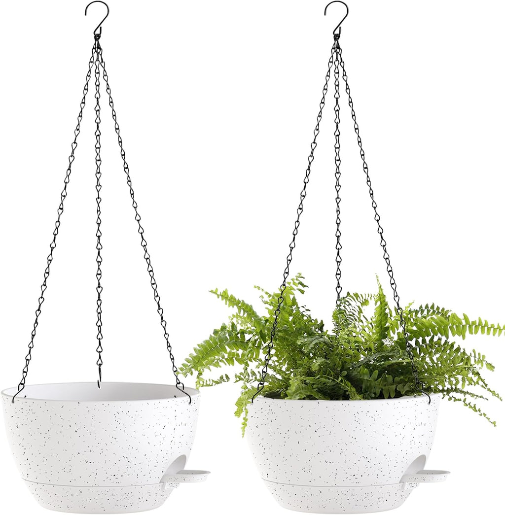 10 Inch Hanging Baskets 2 PC with Chains, Self-Watering Hanging Planters for Indoor Outdoor Plants, Plastic Hanging Flower Pots,Speckled White