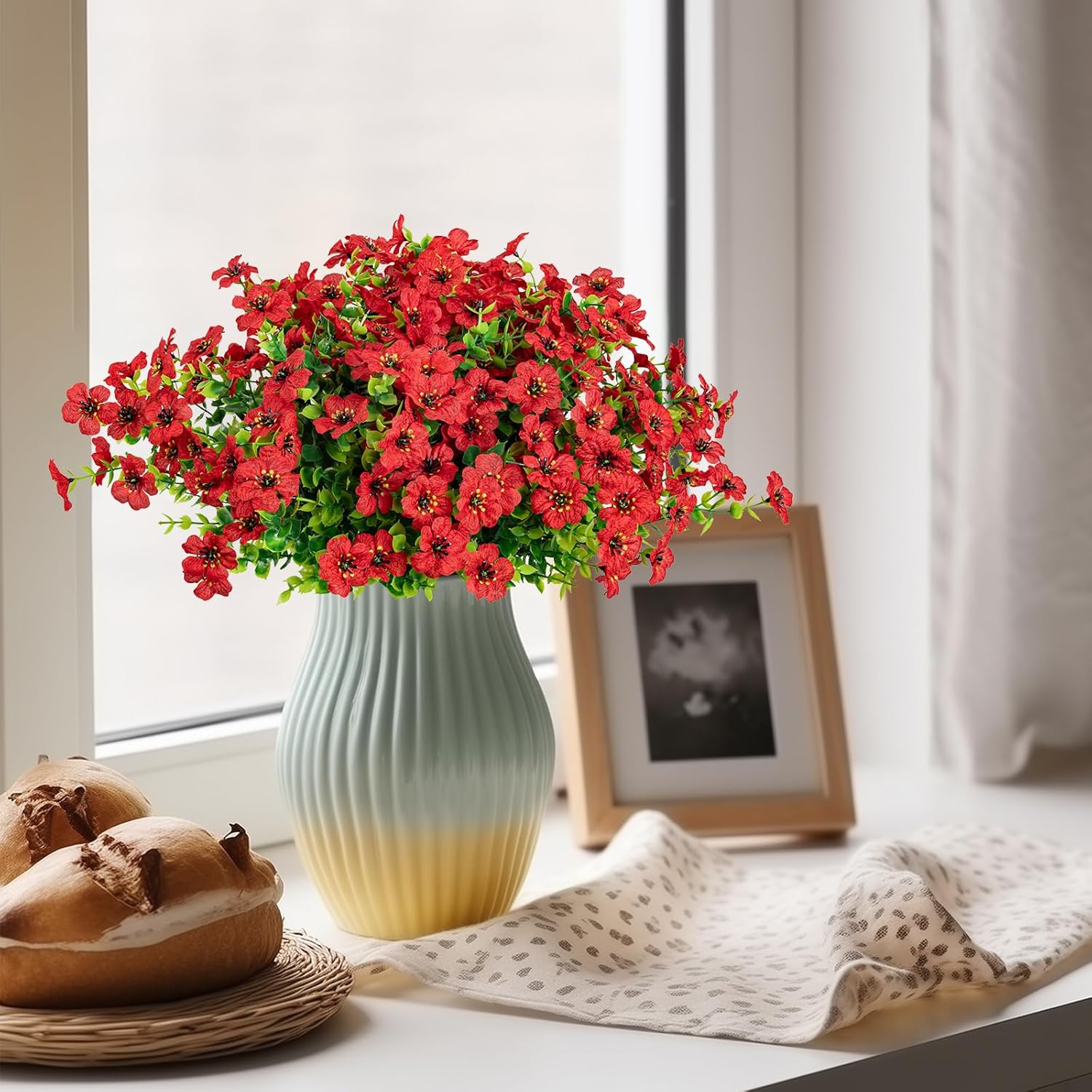 10 Bundles Artificial Faux Flowers for Outdoor,10Pcs Fake Flowers for Home Decor,Plastic Flowers Shrubs Lifelike Artificial Greenery Home Porch Stems Outside Decor(Red)