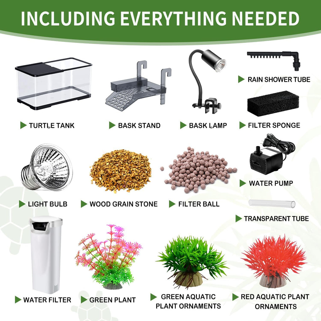 (Tank + Light +Pump + Filter Balls) Turtle Tank Kit, Turtle Tank Starter Kit,Bottom Drainage, Multi-Function Areas for Turtles, Crabs,Fishes, Amphibians,Reptiles. (15.75 x 8.64 x 8.64 Inch)