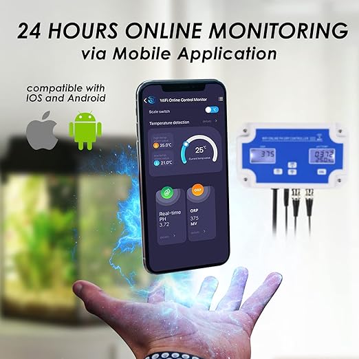 Smart pH ORP Controller Aquarium pH Monitor Wi-Fi for pH/ORP/Temp Measurements in Water w/Calibration, 3 in 1 Nutrient System Dual-Plug Fit with CO2 Bottle & O3 Generator for Hydroponics Plants