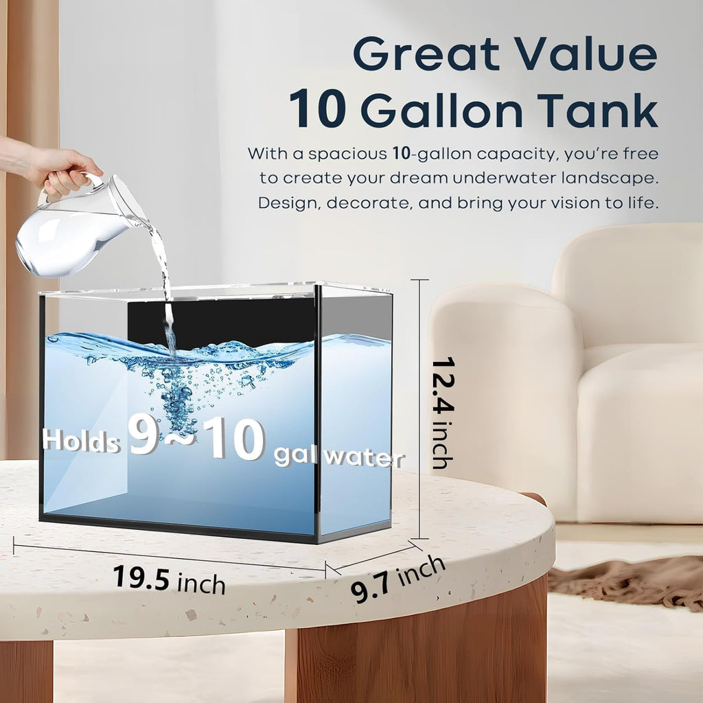 10 Gallon Aquarium Set Glass Fish Tank, Heater Self Cleaning System Filter with Media Bright Light Cleaning Tool, Leak-Proof Clear Rimless Betta Tropical Freshwater Fish