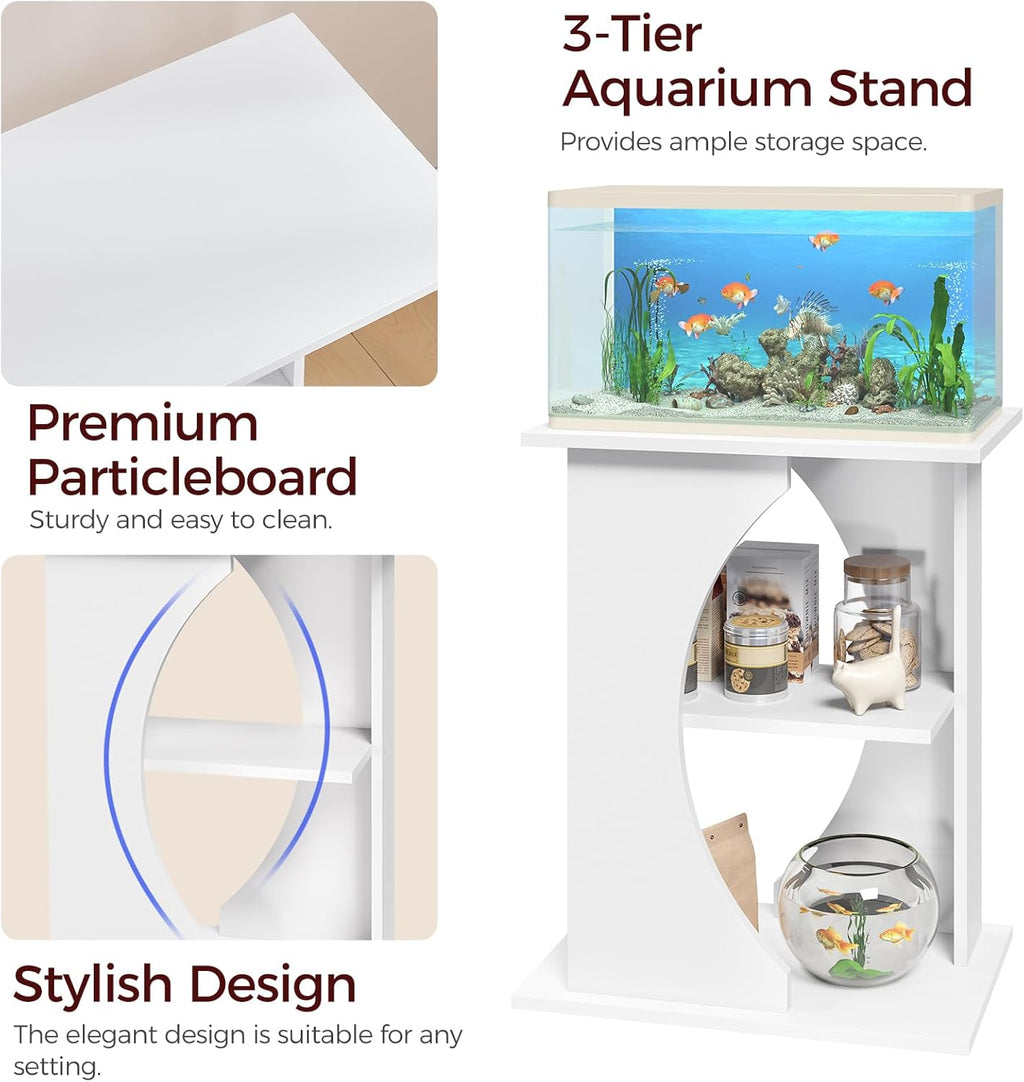 10 Gallon Fish Tank Stand, Wooden Aquarium Stand with 3-Tier Storage Shelves, Heavy Duty Turtle Reptile Terrarium Tank Stand for Home Office, 23.6" L x 11.8" W x 29.9" H, White FTWT7601