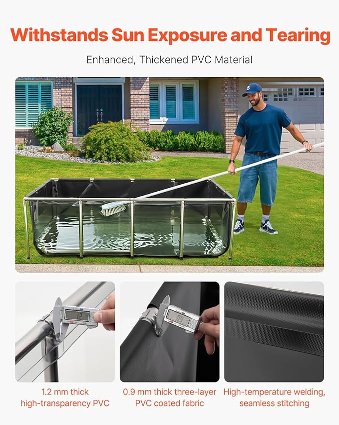 VEVOR Canvas Fish Pond, 470 Gal Above Ground Fish Pond, PVC Koi Tank with Clear Viewing Panel, Rectangular Goldfish Tank with Stainless Steel Frame & Drain Valve, for Breeding Koi, Irrigation(Black)