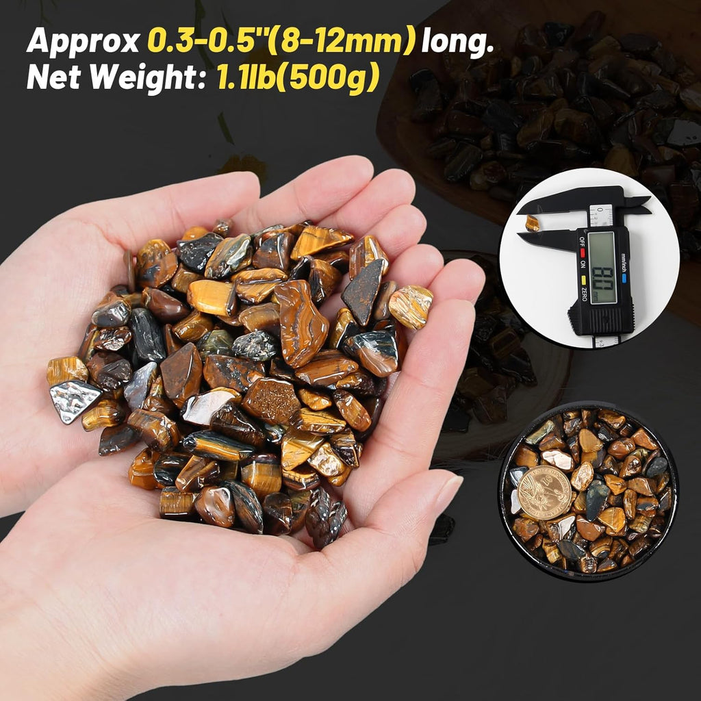1.1lb Natural Crushed Tiger Eye Crystal Tumbled Chips-Tiger Eye Healing Crystals Chips Bulk, Crushed Crystal Gemstones for Crafts, Beautiful Package for Gift (Tiger Eye)