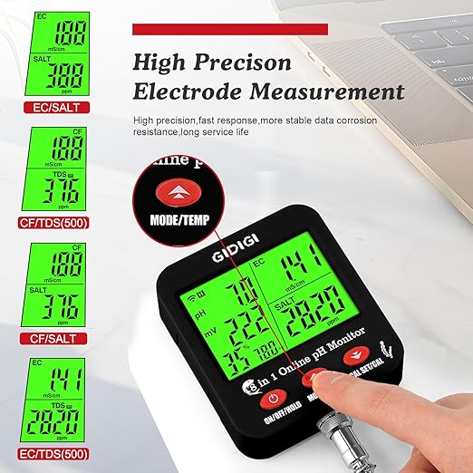 WiFi pH Salt Monitor Smart Water Quality Hydroponic pH EC Meter Digital pH TDS Salt EC Salt ORP Tester with Calibration Solution Kits for Fish Tank Salinity Tester for Saltwater Aquarium