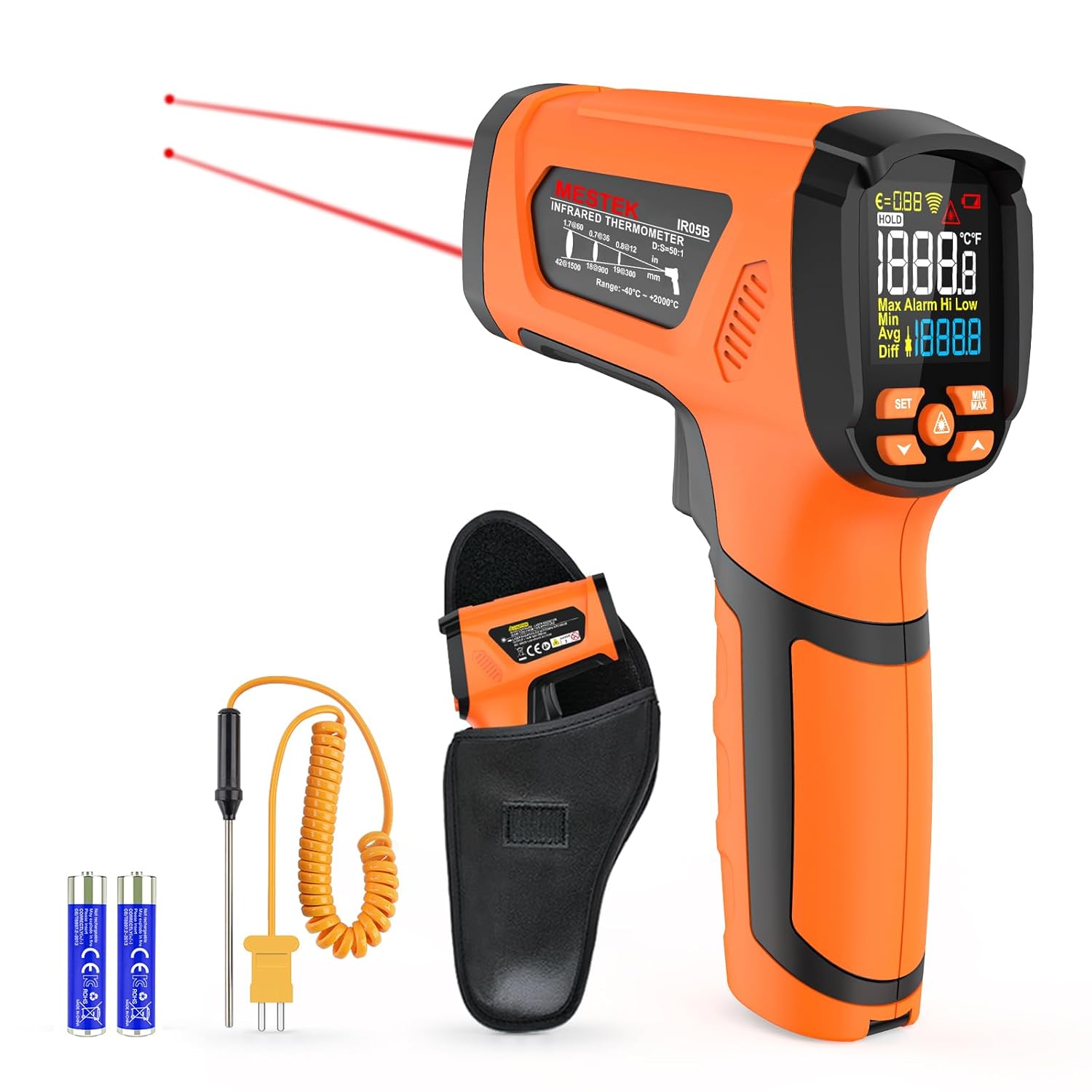 -40℉~3632℉, MESTEK Infrared Thermometer Temperature Gun, High Temp Thermometer with Thermocouple Probe, Non-Contact 50:1 Pyrometer Dual Laser Thermometer Gun for Engine, Kiln, Forging, Industrial
