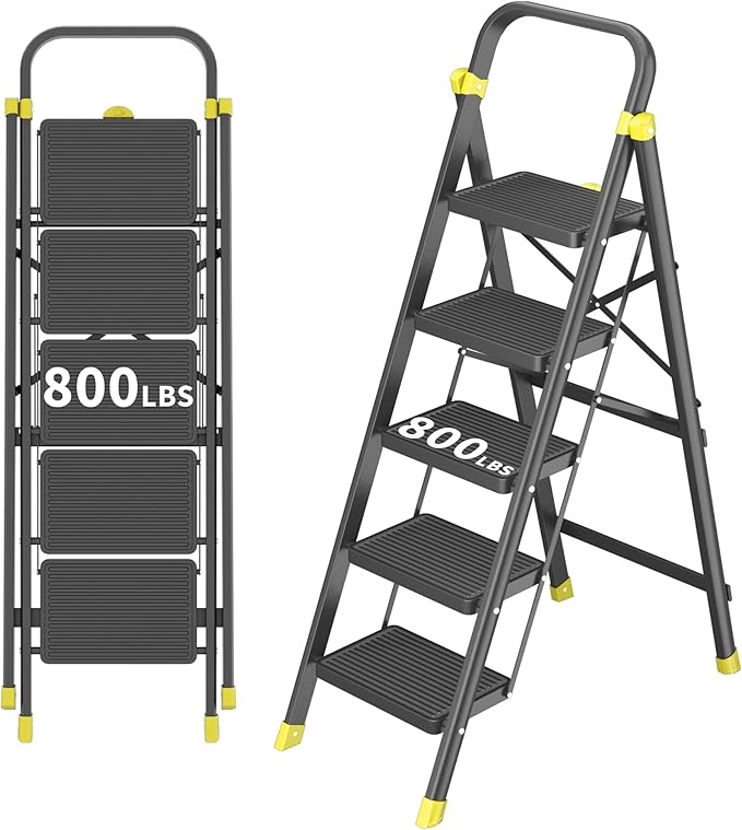 5-Step Foldable Step Ladder Stool with Handle, Anti-Slip Wide Pedals & Feet, 800lbs Capacity, Sturdy Stepstool Folding for Adults in Home & Kitchen Use - Black Yellow