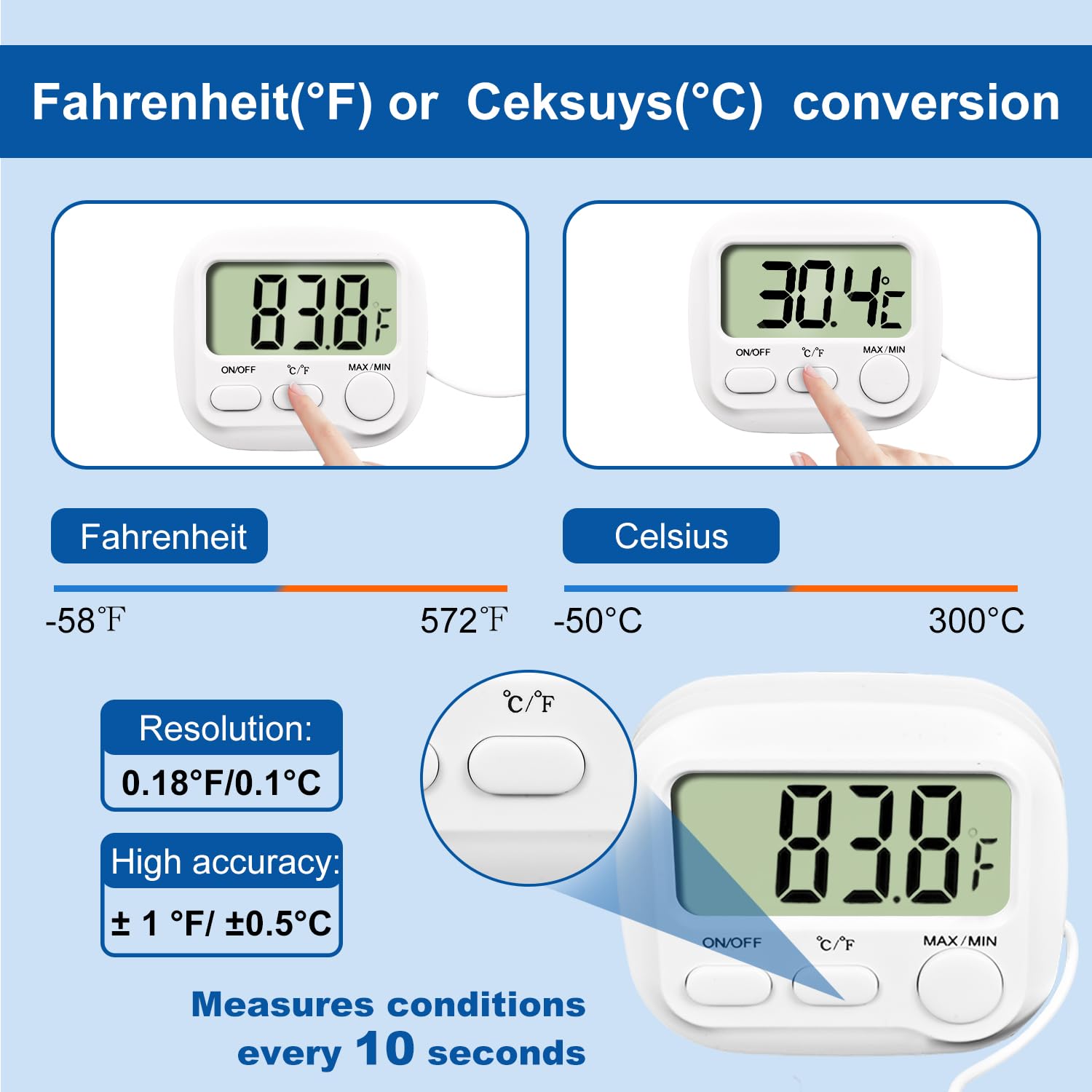 Digital Aquarium Water Thermometer with Large LCD Screen, Measurement Range -58℉ to 572℉, Display ±1℉/±0.5℃, Fish Tank Decoration Accessories, Idea for Reptile, Aquatic, Tub, Refrigerator and Freezer