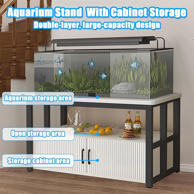 5-75 Gallon Aquarium Stands, 3 Tier Metal Frame Fish Tank Stand with Cabinet Storage, Reptile Tank Stand for Home Living Room Bedroom Office, 2200LBS Capacity (black+white, L27.6″*W15.7″*H23.6″)