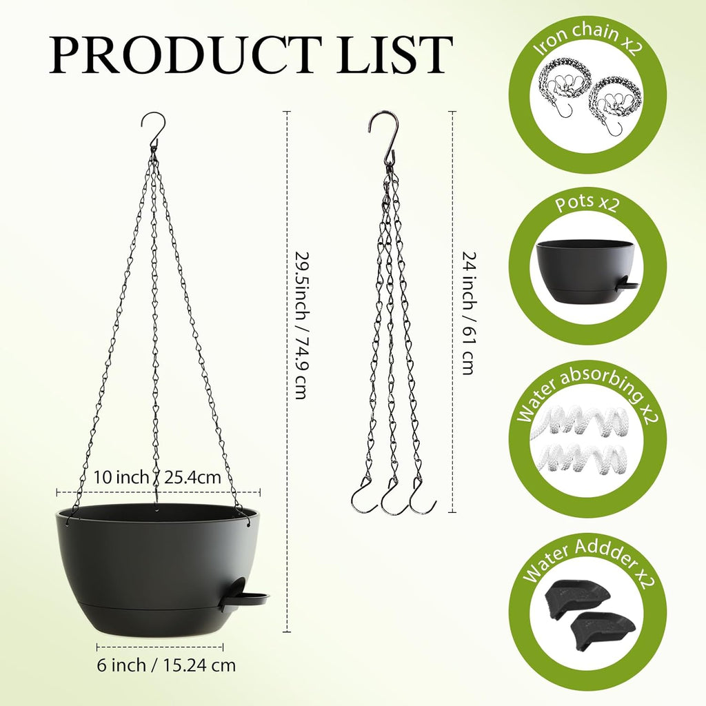 10 Inch Hanging Baskets 2 PC with Chains, Self-Watering Hanging Planters for Indoor Outdoor Plants, Plastic Hanging Flower Pots,Black