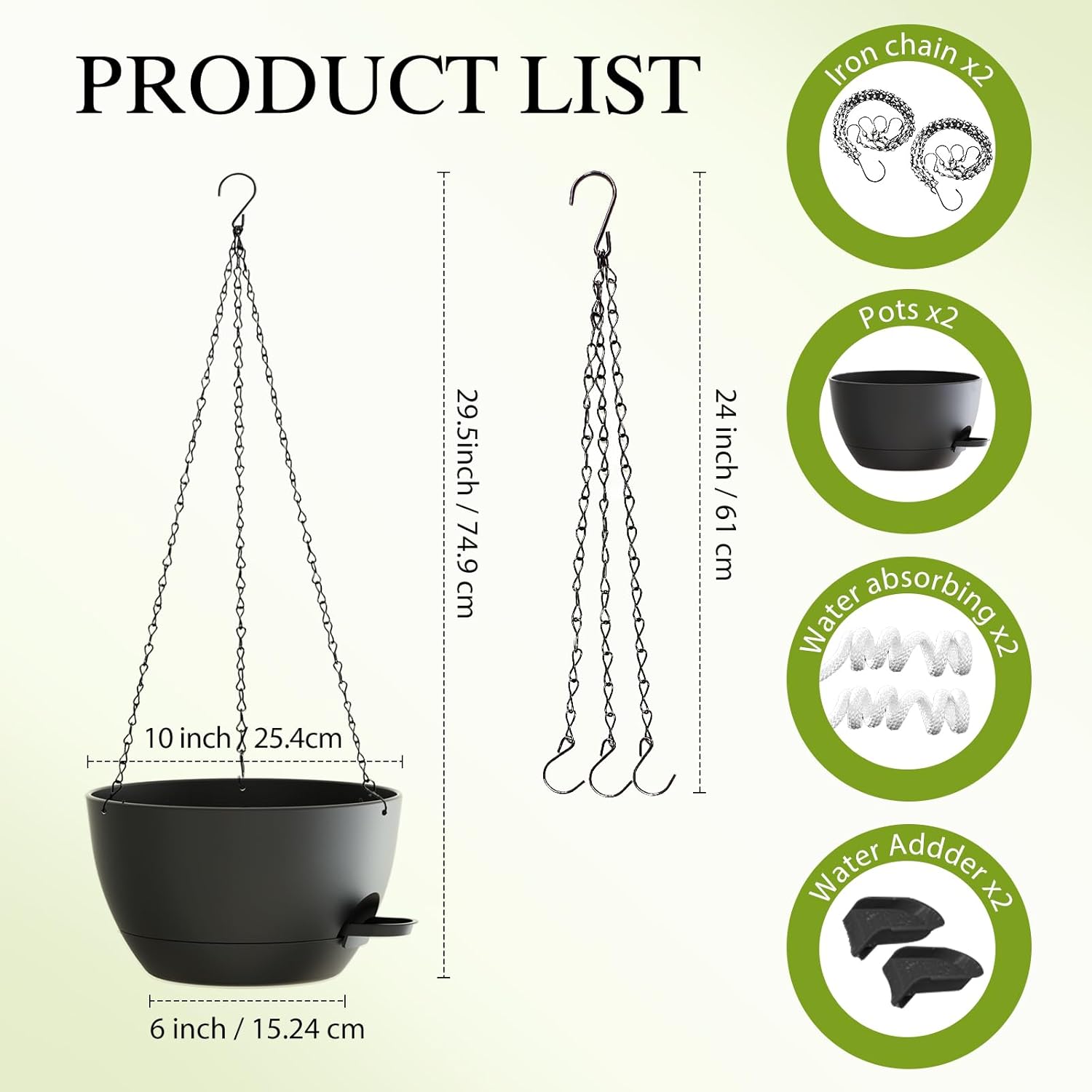 10 Inch Hanging Baskets 2 PC with Chains, Self-Watering Hanging Planters for Indoor Outdoor Plants, Plastic Hanging Flower Pots,Black