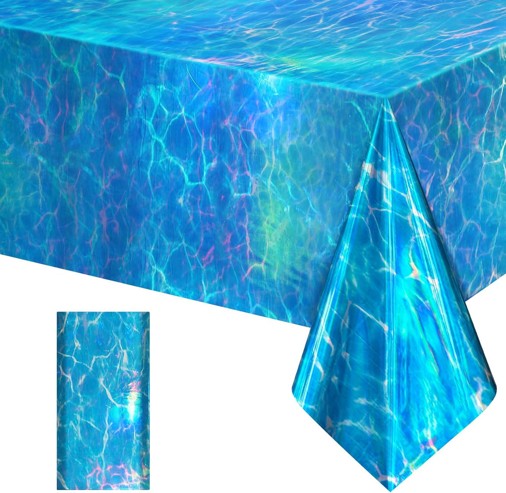 1 Pack Ocean Waves Holography Tablecloth, 54 x 108” Blue Sea Design, Waterproof Disposable Plastic Table Cover for Beach, Pool, Under The Sea, and Birthday Party Decorations