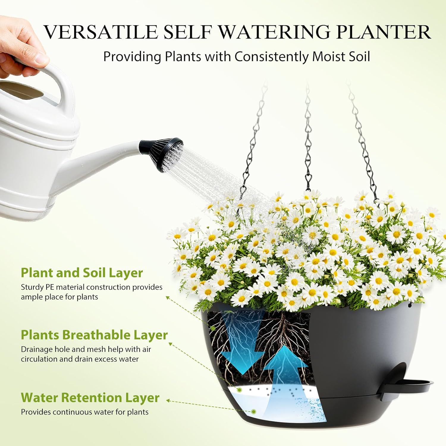 10 Inch Hanging Baskets 2 PC with Chains, Self-Watering Hanging Planters for Indoor Outdoor Plants, Plastic Hanging Flower Pots,Black