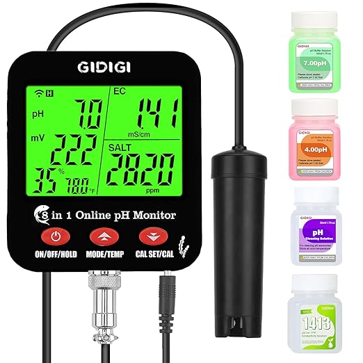 WiFi pH Salt Monitor Smart Water Quality Hydroponic pH EC Meter Digital pH TDS Salt EC Salt ORP Tester with Calibration Solution Kits for Fish Tank Salinity Tester for Saltwater Aquarium