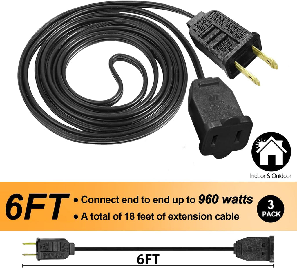 #18 Gauge Black Extension Cord 6 Ft, Polarized Plug 2 Prong Extension Cord for Christmas Lights Indoor Outdoor Waterproof, 120Volts / 8Amps, Connect Up to 960Watts Holiday Light (3 Pack,Total 18Ft)