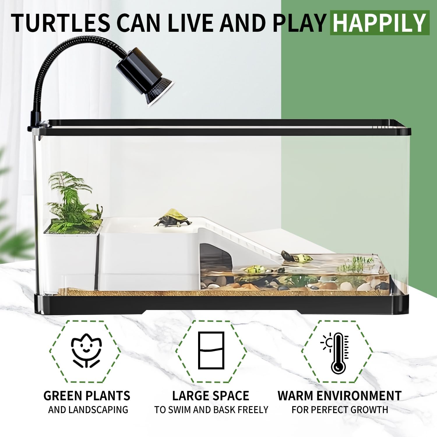 (Tank + Light + Filter + Filter Balls) Turtle Tank Kit, Turtle Tank Starter Kit,Bottom Drainage, Multi-Function Areas for Turtles, Crabs,Fishes, Amphibians,Reptiles.(15.75 x 8.64 x 8.64 Inch)
