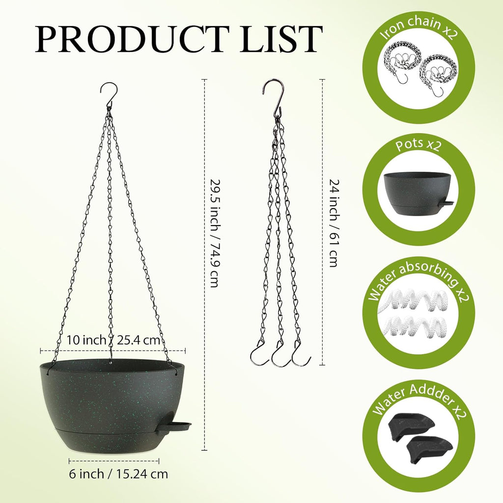 10 Inch Hanging Baskets 2 PC with Chains, Self-Watering Hanging Planters for Indoor Outdoor Plants, Plastic Hanging Flower Pots,Black with Green Speckles