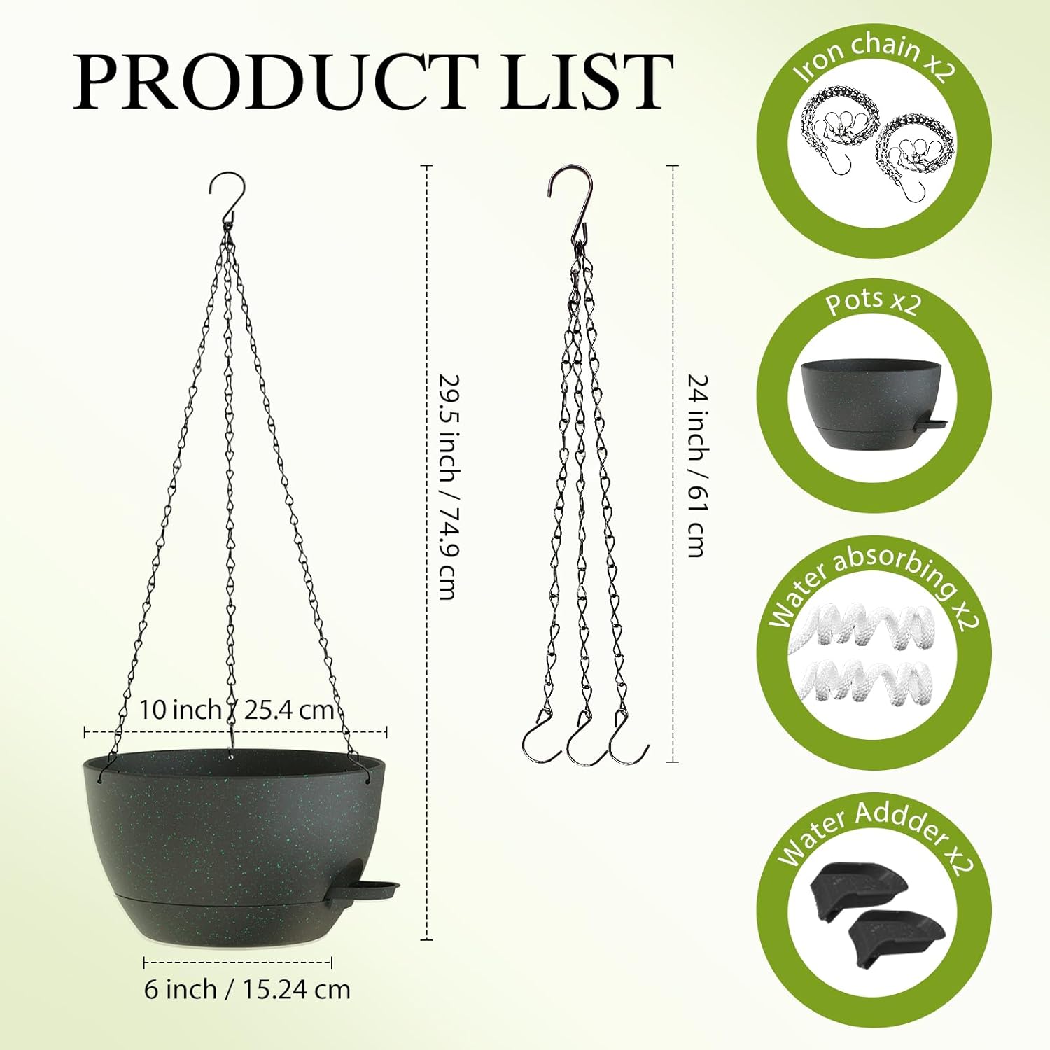 10 Inch Hanging Baskets 2 PC with Chains, Self-Watering Hanging Planters for Indoor Outdoor Plants, Plastic Hanging Flower Pots,Black with Green Speckles