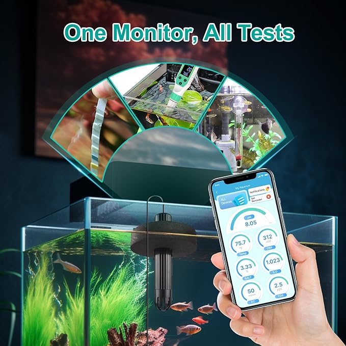 kactoily Smart Aquarium Monitor, Multi-Parameter Fish Tank Water Tester for pH, Salinity, SG, ORP, TDS, EC & Temp with Real-Time App Alerts