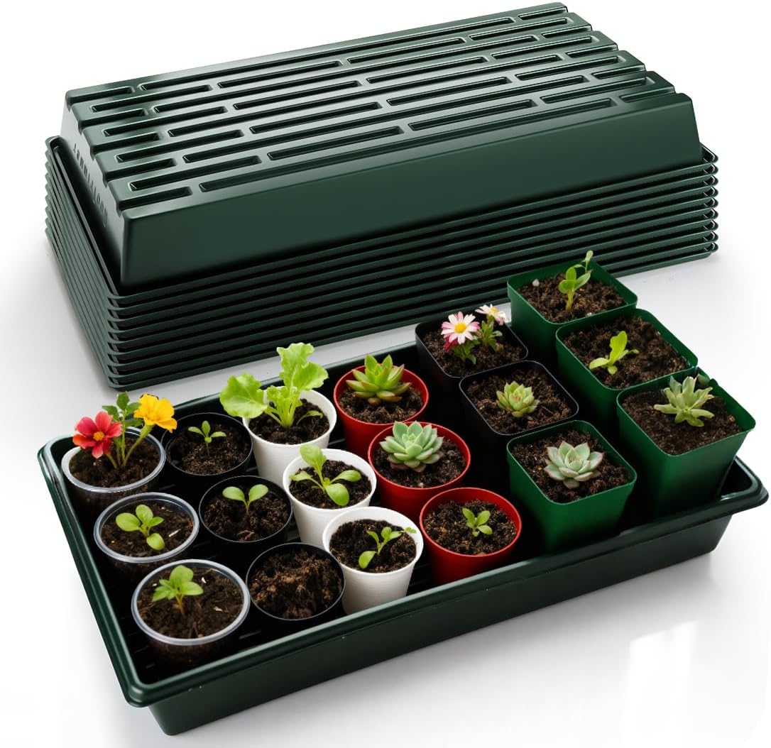 10 Pack 1020 Trays No Holes-Reusable Nursery Flats for 50/72 Cell Plug Tray, Heavy Duty Seed Starter Trays for Transplant, Seed Starting, Plant Propagation & Seed Germination (Dark Green)