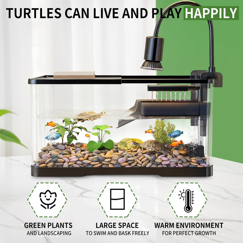 (Tank + Light +Pump + Filter Balls) Turtle Tank Kit, Turtle Tank Starter Kit,Bottom Drainage, Multi-Function Areas for Turtles, Crabs,Fishes, Amphibians,Reptiles. (11.81 x 7.88 x 7.88 Inch)