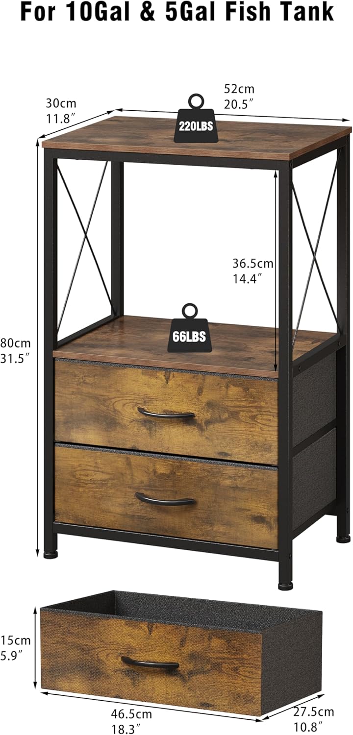 10 Gallon Aquarium Stand with 2-Tier Shelf Fish Tanks Stand with 2 Drawers Metal Frame Heavy Duty Reptile TurtleTank Stand with Storage for Home Offic Fish Tank Accessories Storage, Brown