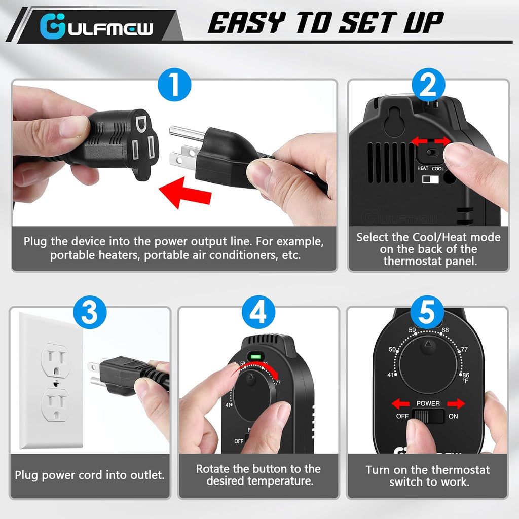 1 Pcs Thermostat Outlet for Heater, Temperature Controller Outlet with 4.9FT Power Cord, Heating and Cooling Thermostat Outlet with Temperature Probe for Space Heater, Greenhouse Fan (Black)