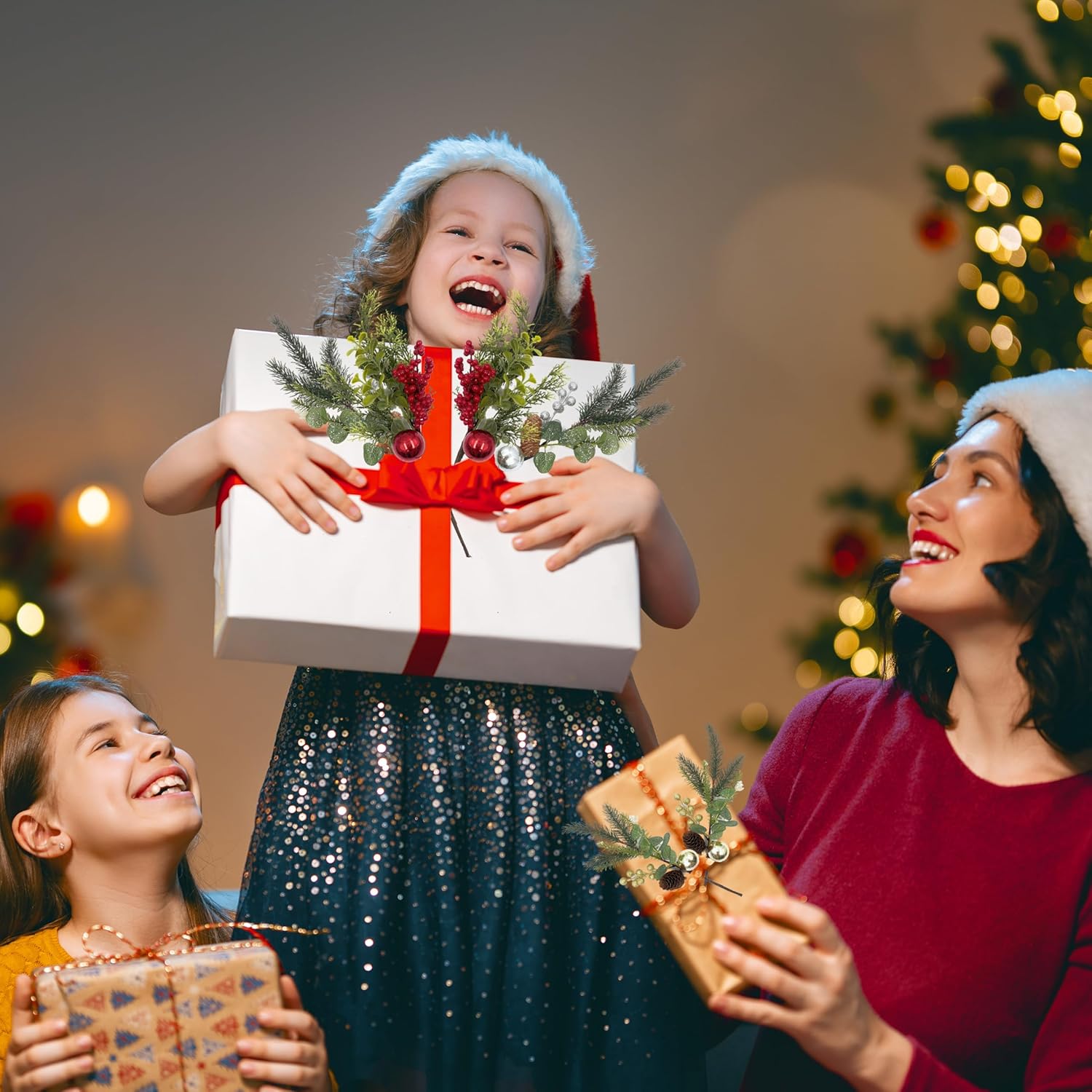 10 Pack Christmas Tree Picks with Gold Slive Ornaments,12-15Inch Red Derry Stems with Pinecone for Floral Arrangements DIY Crafts