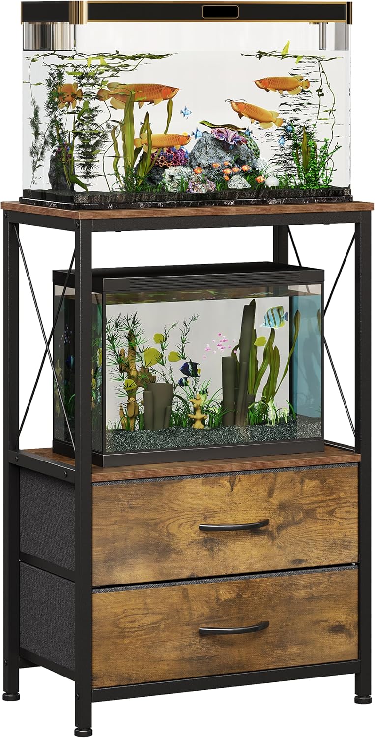 10 Gallon Aquarium Stand with 2-Tier Shelf Fish Tanks Stand with 2 Drawers Metal Frame Heavy Duty Reptile TurtleTank Stand with Storage for Home Offic Fish Tank Accessories Storage, Brown