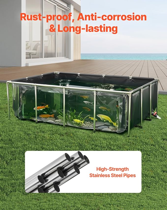 VEVOR Canvas Fish Pond, 470 Gal Above Ground Fish Pond, PVC Koi Tank with Clear Viewing Panel, Rectangular Goldfish Tank with Stainless Steel Frame & Drain Valve, for Breeding Koi, Irrigation(Black)