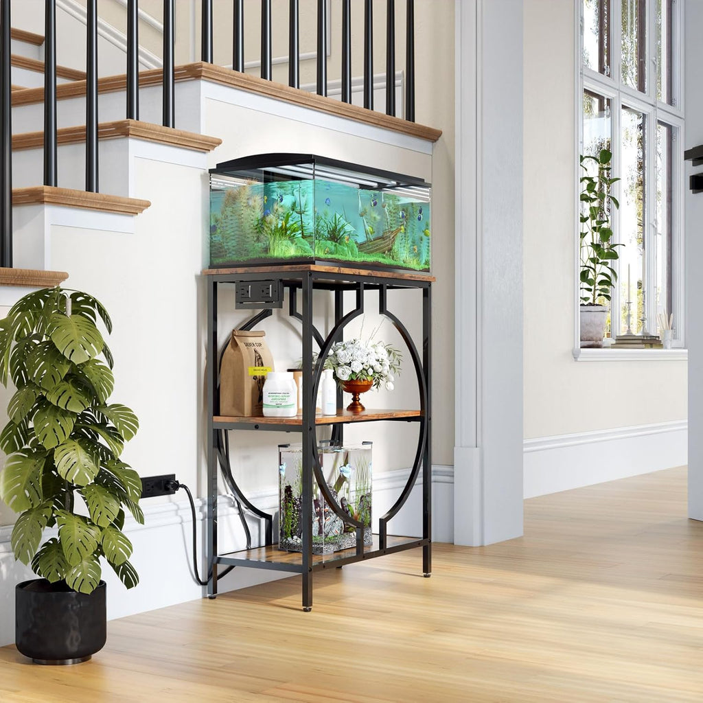 10 Gallon Aquarium Stand with Power Outlet, 3 Tier Heavy Duty Metal Fish Tank Stand with Storage, Fish Tank Table for Home Office, 21.3" x 11.8" x 29", Rustic Brown