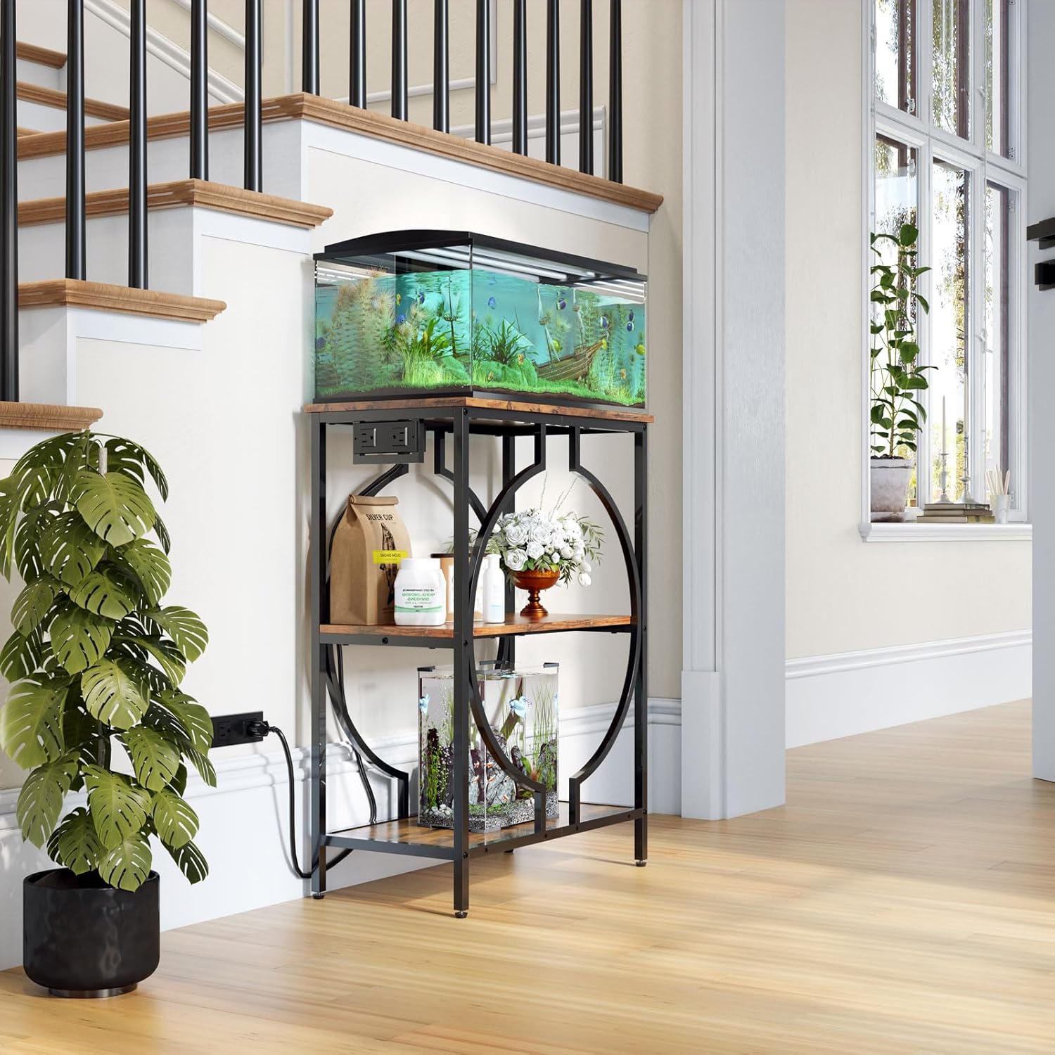 10 Gallon Aquarium Stand with Power Outlet, 3 Tier Heavy Duty Metal Fish Tank Stand with Storage, Fish Tank Table for Home Office, 21.3" x 11.8" x 29", Rustic Brown