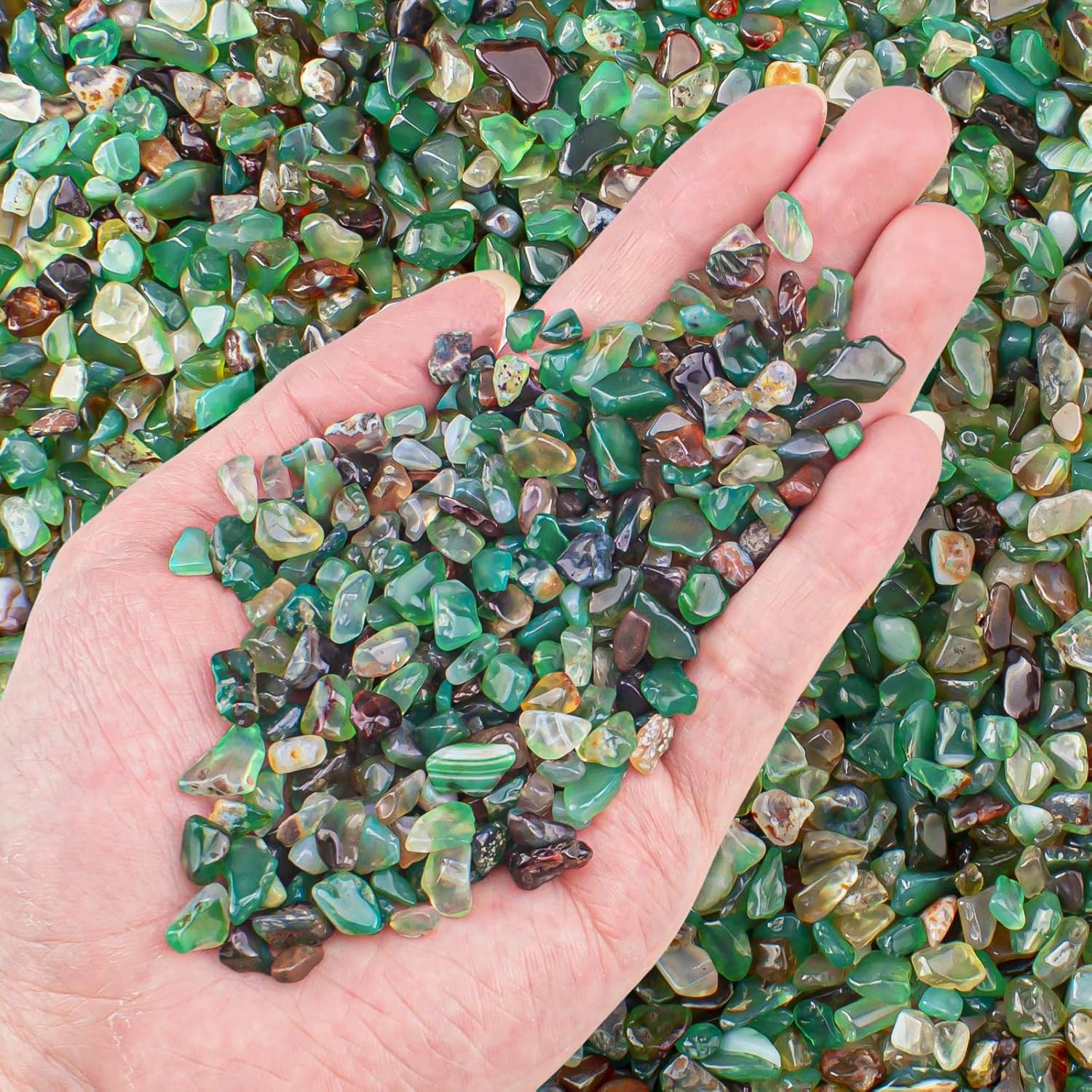 0.5 Lb/230g Green Agate Aquarium Gravel Rocks Crushed Stone Crystal Chips Bulk, Natural Crystal Quartz Stone Pebbles Irregular for Aquarium, Vase Fillers, Succulent Plants Decor - 5-7mm
