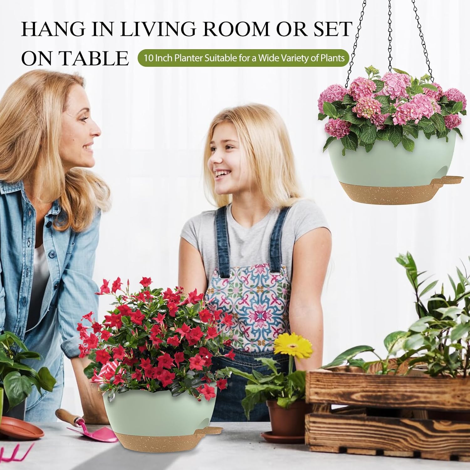 10 Inch Hanging Baskets 2 PC with Chains, Self-Watering Hanging Planters for Indoor Outdoor Plants, Plastic Hanging Flower Pots,Green Brown