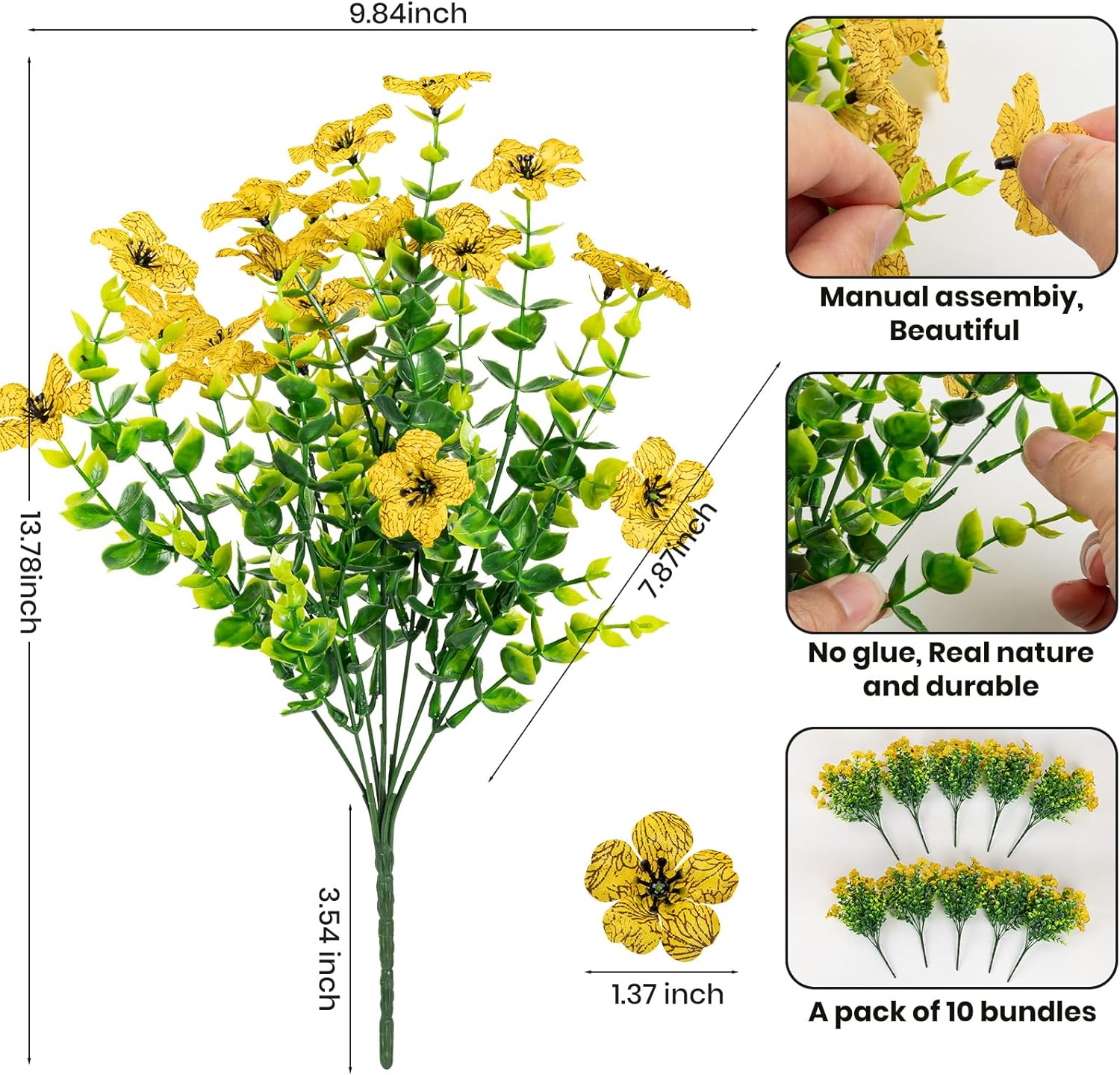 10 Bundles Artificial Faux Flowers for Outdoor,10Pcs Fake Flowers for Home Decor,Plastic Flowers Shrubs Lifelike Artificial Greenery Home Porch Stems Outside Decor(Yellow