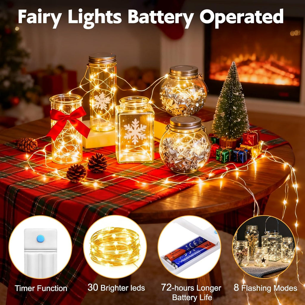 10 Pack Fairy Lights Battery Operated with Timer, 10 Ft 30 LED String Lights Indoor Outdoor, 8 Modes Waterproof Twinkle Lights for Bedroom DIY Crafts Home Party Wedding Christmas Decor, Warm White
