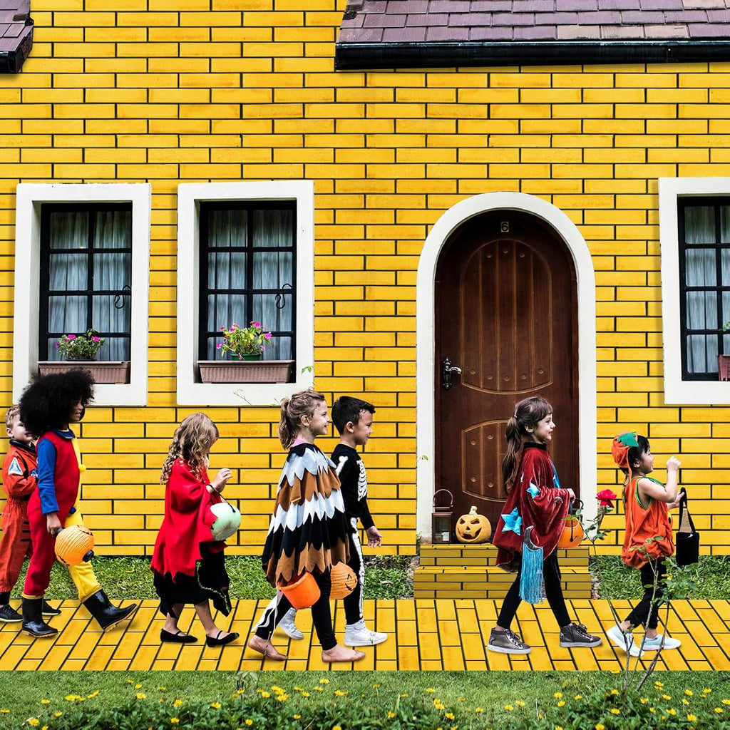 1 Pcs 4.5 x 9 Feet Yellow Brick Road Floor Runner for Wizard Oz Party Decorations,Large Disposable Brick Stone Wall Backdrop Tablecloth for Halloween Princess Cosplay Medieval Castle Party Supplies