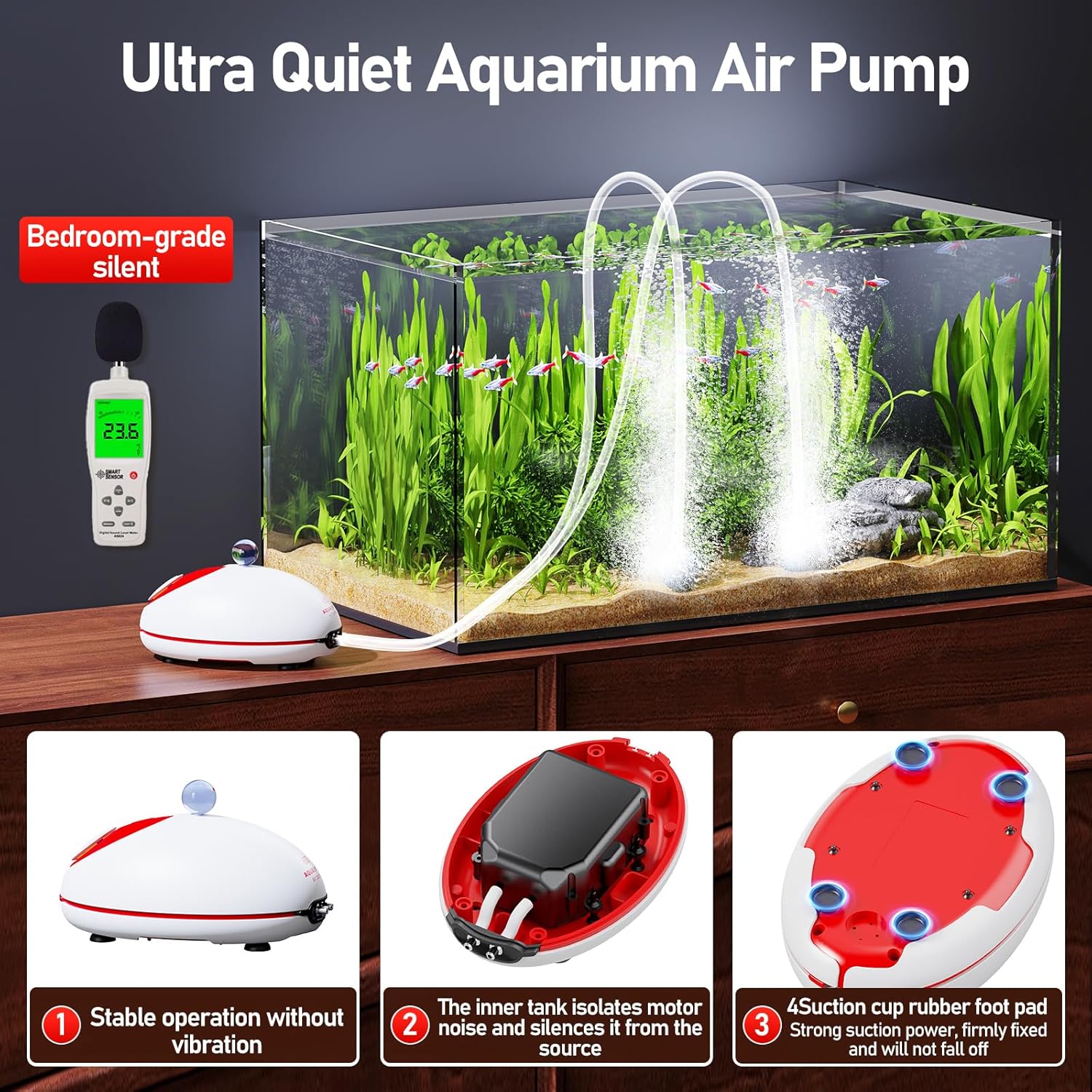 1.5w Ultra Quiet Aquarium Air Pump, Aquarium Aerator Adjustable Airflow, Single Hole Suitable for 40 to 70 GPH Fish Tank