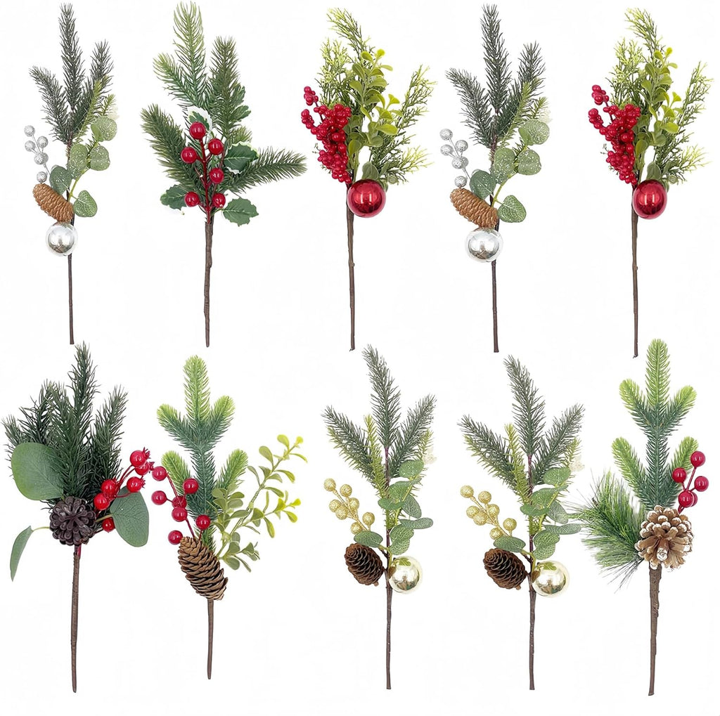 10 Pack Christmas Tree Picks with Gold Slive Ornaments,12-15Inch Red Derry Stems with Pinecone for Floral Arrangements DIY Crafts