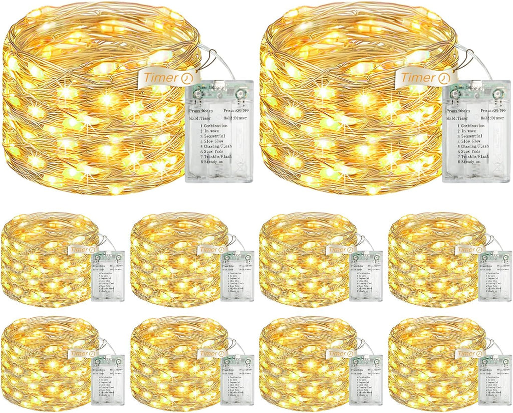 10 Pack 16FT 50 LED Fairy Lights Battery Operated with Timer, 8 Modes USB Mini Twinkle Light, Small String Lights for Christmas Tree Wreath Vase Bedroom DIY Party Decorations-Warm White
