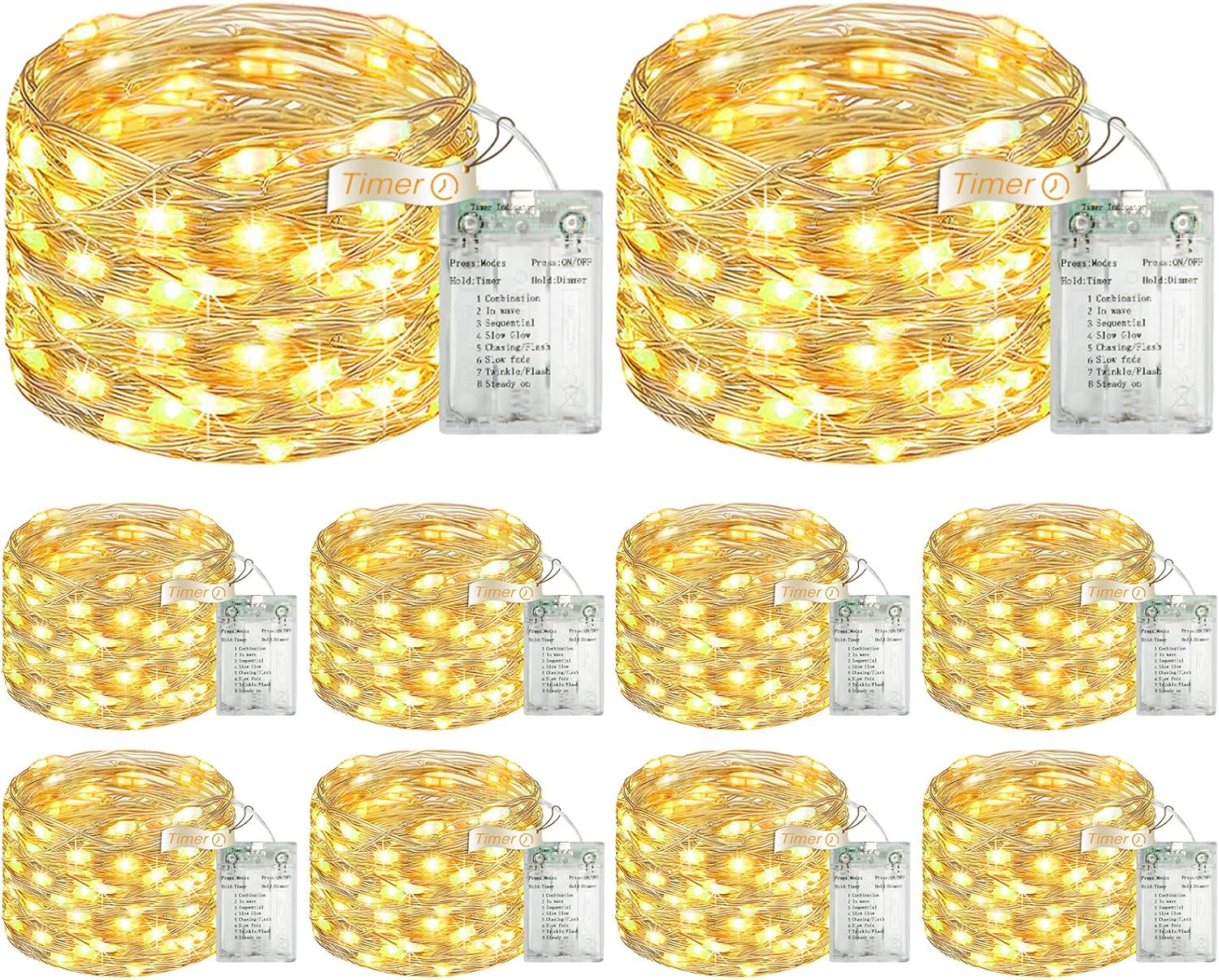 10 Pack 16FT 50 LED Fairy Lights Battery Operated with Timer, 8 Modes USB Mini Twinkle Light, Small String Lights for Christmas Tree Wreath Vase Bedroom DIY Party Decorations-Warm White