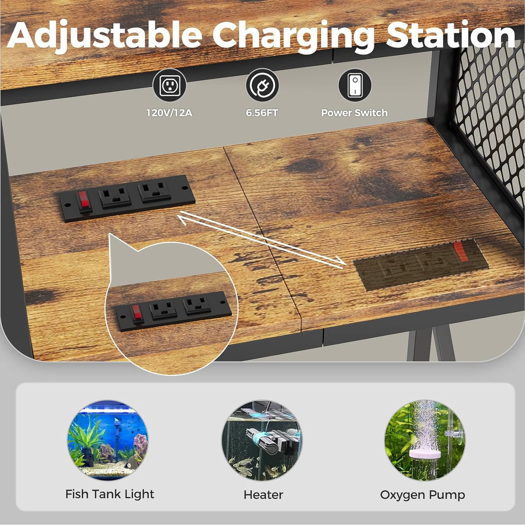 10 Gallon Fish Tank Stand with Power Outlet, 3 Tier Aquarium Stand with Shelf, Turtle/Reptile Tank Stand for Home Office,Adjustable Boards, 20.47''L×11.42''W×30.91''H, Retro Brown