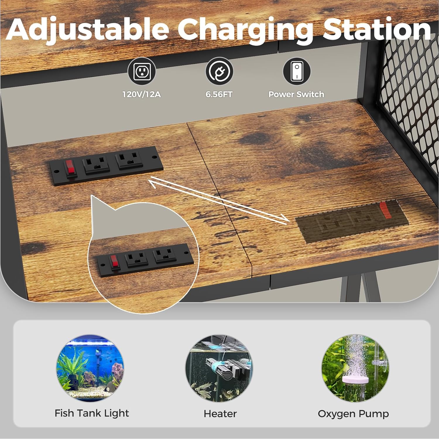 10 Gallon Fish Tank Stand with Power Outlet, 3 Tier Aquarium Stand with Shelf, Turtle/Reptile Tank Stand for Home Office,Adjustable Boards, 20.47''L×11.42''W×30.91''H, Retro Brown