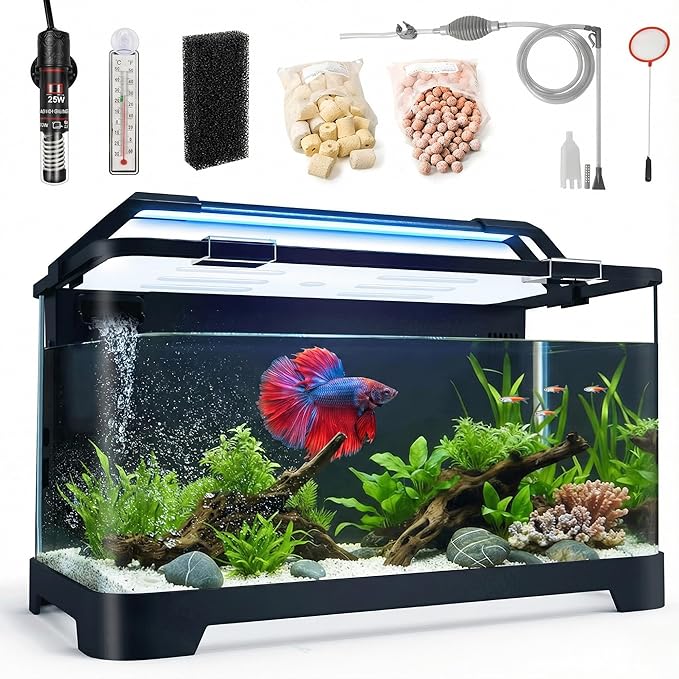 eWonLife 3.5 Gallon Self Cleaning Fish Tank, Aquarium Starter Kit for Betta, Small Fish & Shrimp with Heater, Thermometer, LED Light, Hidden Multi-Stage Filtration System and Water Changer Kit, Black