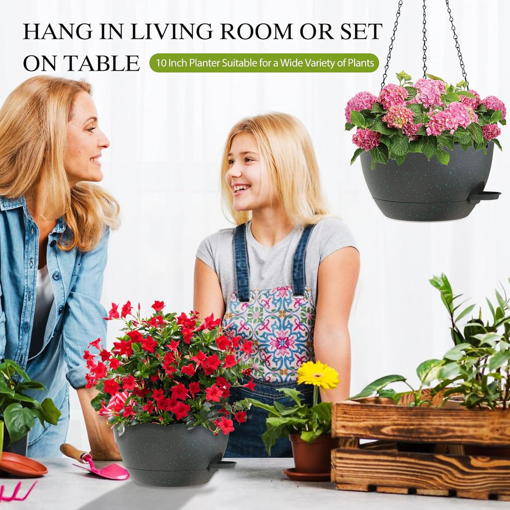 10 Inch Hanging Baskets 2 PC with Chains, Self-Watering Hanging Planters for Indoor Outdoor Plants, Plastic Hanging Flower Pots,Black with Green Speckles