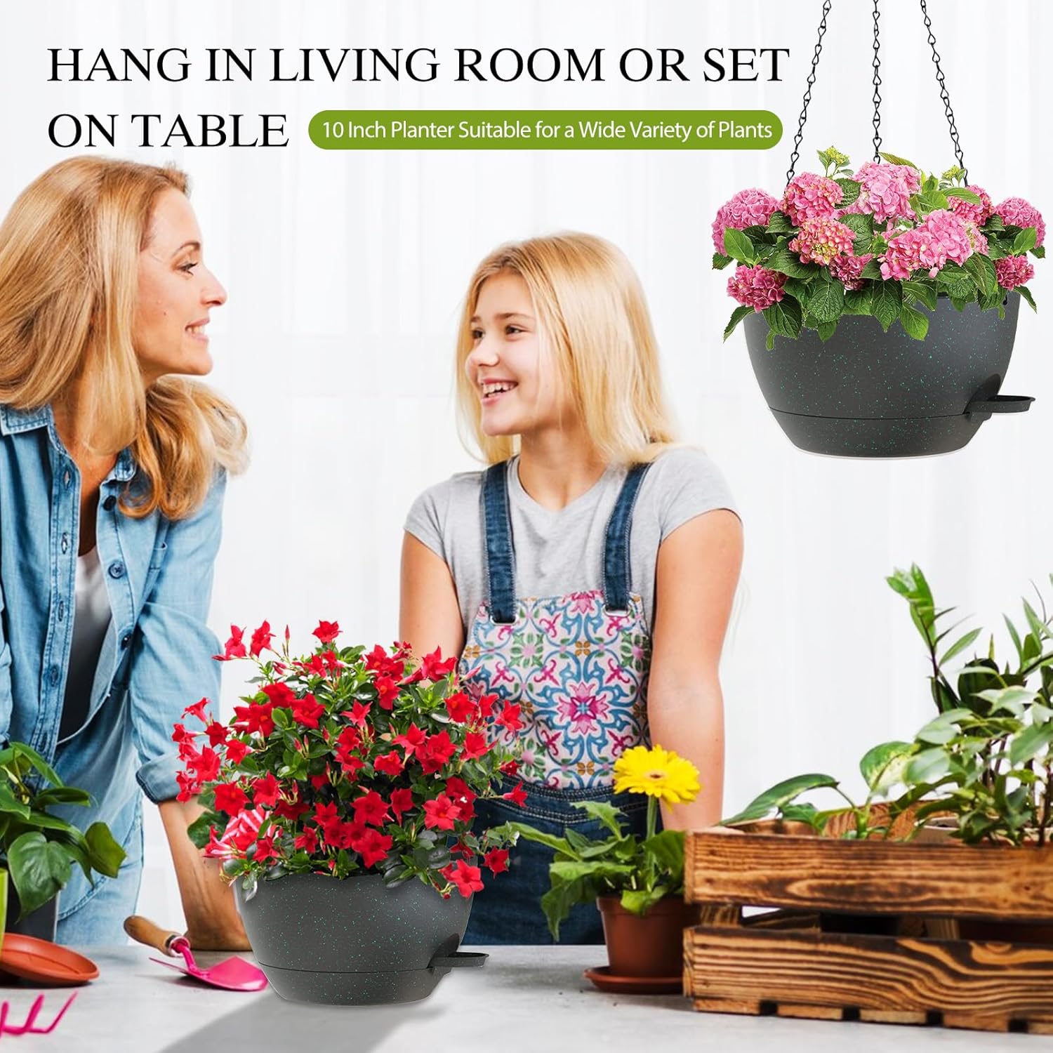 10 Inch Hanging Baskets 2 PC with Chains, Self-Watering Hanging Planters for Indoor Outdoor Plants, Plastic Hanging Flower Pots,Black with Green Speckles