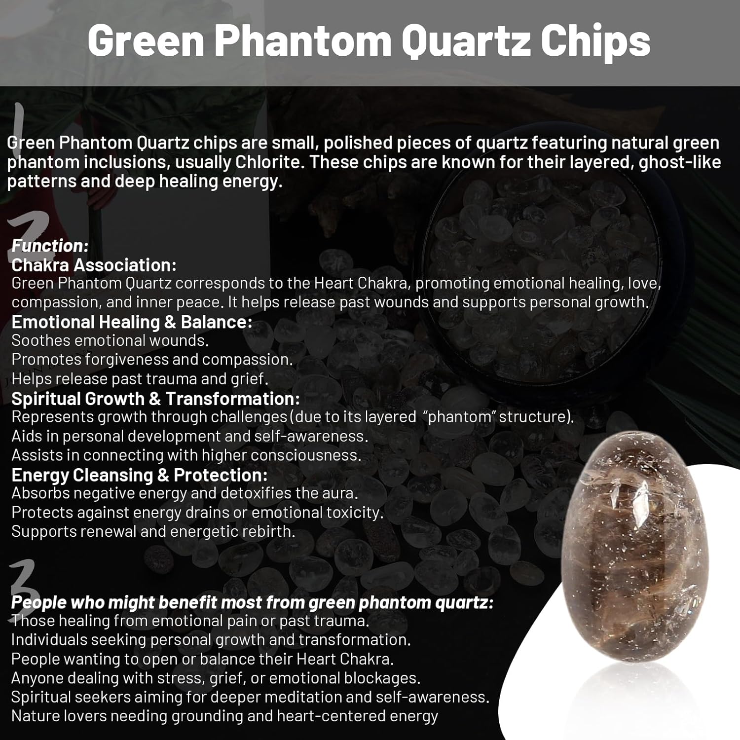1.1lb Natural Crushed Green Phantom Quartz Crystal Tumbled Chips-Healing Crystals Chips Bulk, Crushed Crystal Gemstones for Crafts, Beautiful Package for Gift (Green Phantom Quartz)