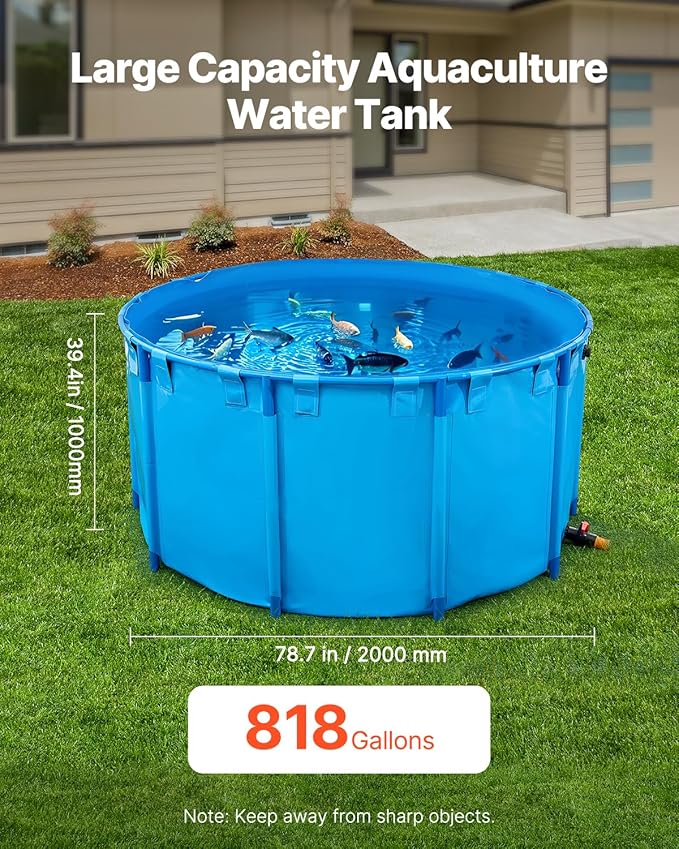 VEVOR Canvas Fish Pond, 818 Gal Capacity Above Ground Fish Pond, Foldable PVC Koi Tank, Round Goldfish Tank with Stable Frame and Drain Valve, for Aquaculture, Koi Breeding, and Irrigation