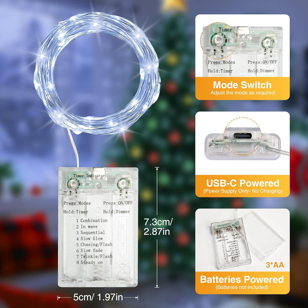 10 Pack 16FT 50 LED Fairy Lights Battery Operated with Timer, 8 Modes USB Mini Twinkle Light, Small String Lights for Christmas Tree Wreath Vase Bedroom DIY Wedding Decorations-Cold White